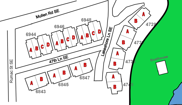 Map of community with lakefront shaded.